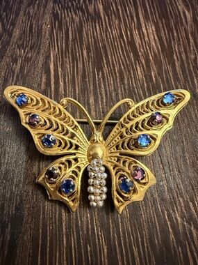 Vintage Gold Butterfly Brooch / Pin with Blue & Purple Rhinestones